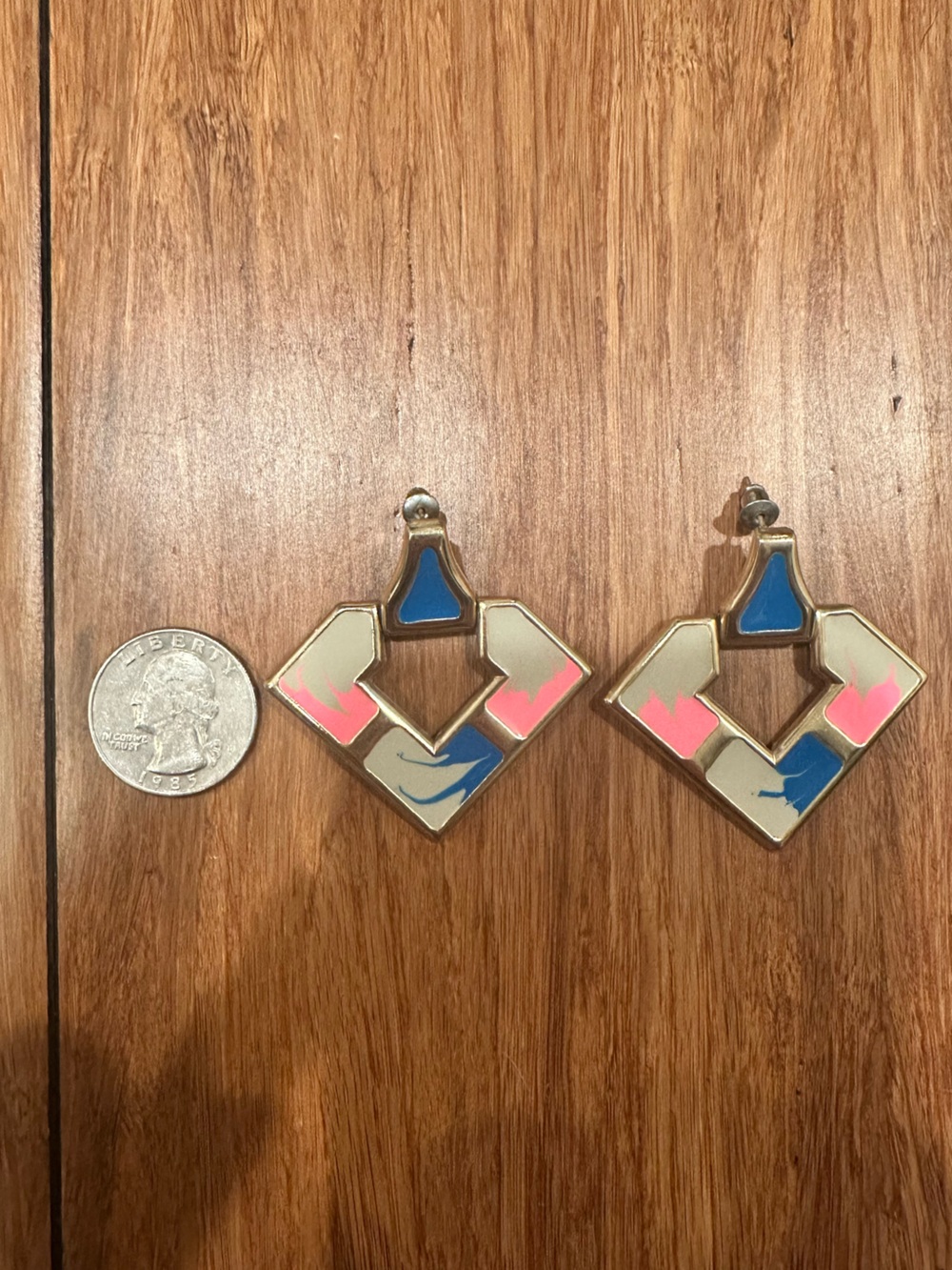 Vintage Geometric Statement Earrings - Neon Pink & Blue - Picture 2 of 3